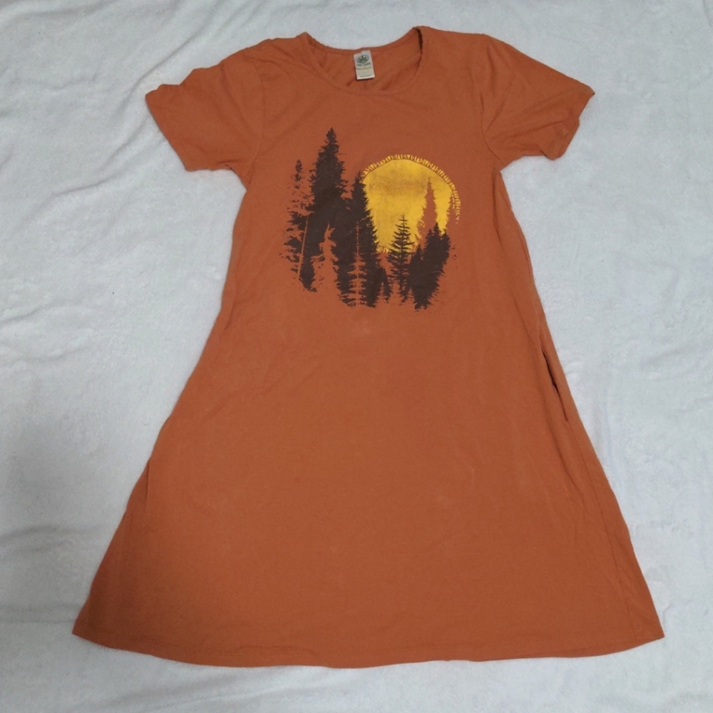 Soul Flower Northern Forest Pine Eco Organic Cotton Orange Dress Small Boho